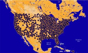 U.S. map with No Kings events marked; eastern half of country covered almost completely, as is west coast; other areas have less density