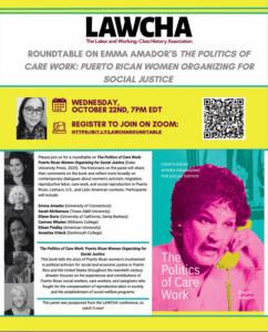 colorful flyer with details of event, small black & white photos of panelists, and book cover with turquoise background behind a pink woman talking on a yellow telephone