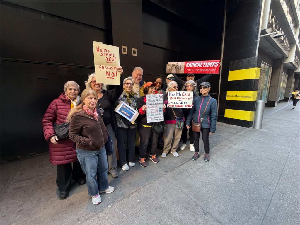 Radical Elders gather along sidewalk with homemade signs, a No Kings sign, and a Radical Elders banner.